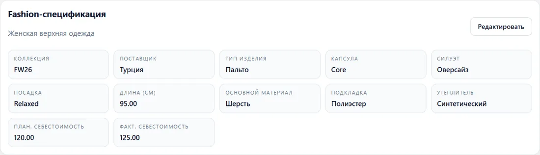 Блок fashion-спецификации: коллекция, поставщик, тип изделия, силуэт, посадка, материалы и себестоимость
